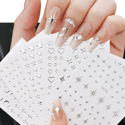 6pcs Mirror Silver Star 3D Nail Sticker Holographic Heart/Moon/Cross Design Self-Adhesive Decal Manicure Art Supplies Decoration (ONLINE ORDER ONLY)