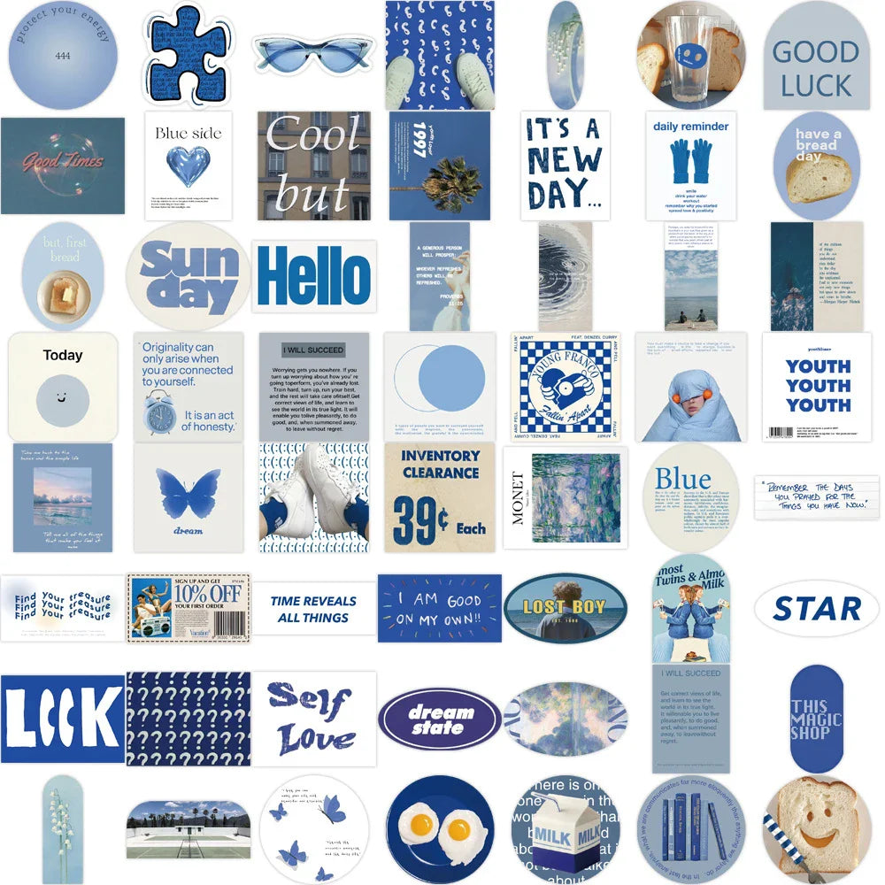10/30/57PCS Ins Style Cute Blue Stickers Aesthetic Wall Decals PVC Waterproof DIY Skateboard Laptop Phone Fridge Guitar Sticker (ONLINE ORDER ONLY)