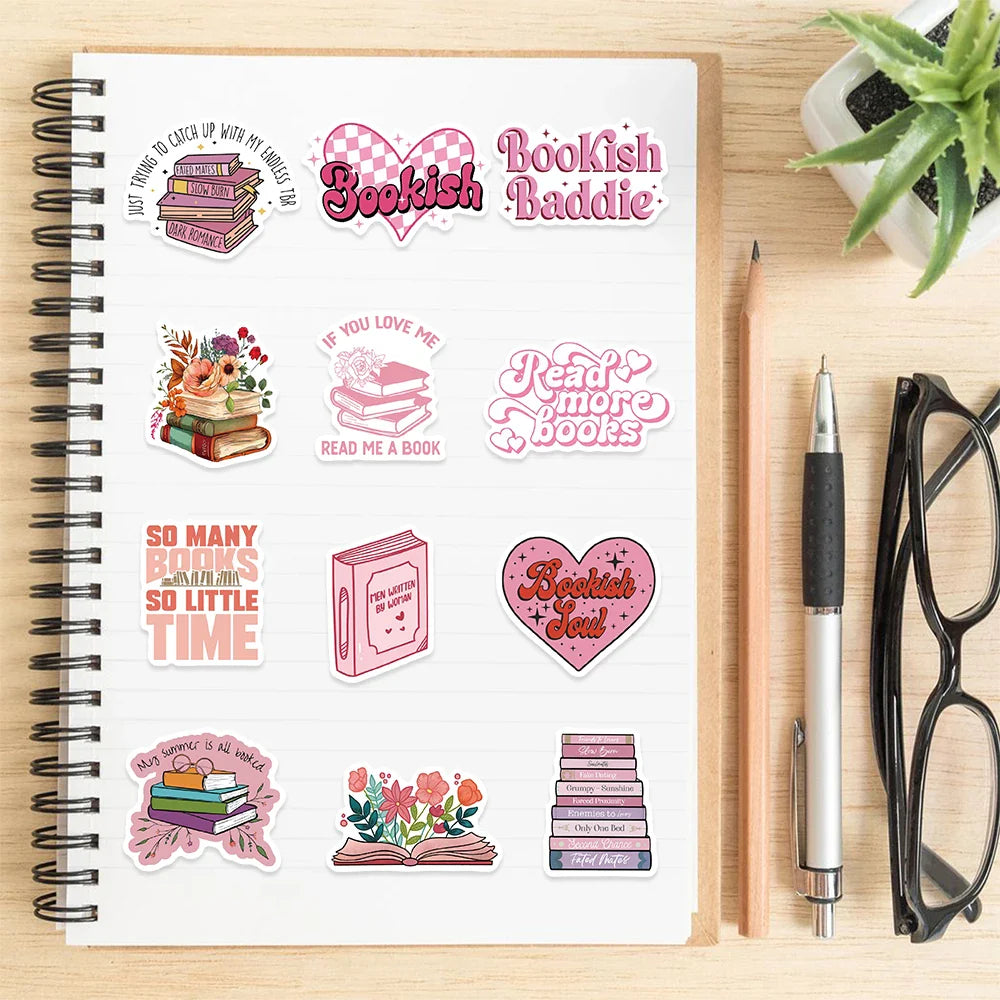 50/52pcs Romance Bookish Spice Reader Stickers Pink Girl Cartoon Decals Aesthetic Decals Phone Laptop Diary Sticker Kids Toys (ONLINE ORDER ONLY)