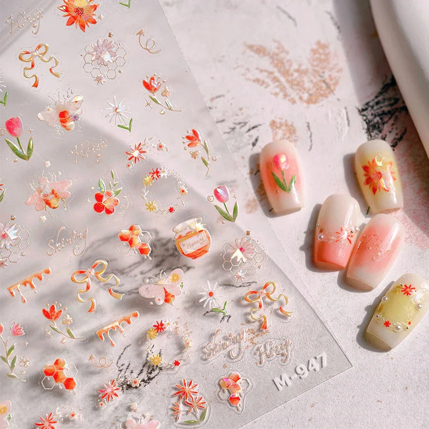 Vivid Honey Bee Ribbon Bowknot Pot Daisy Wreath Flower Shining Tulip Honeycomb Jar Self Adhesive Nail Art Sticker Manicure Decal (ONLINE ORDER ONLY)