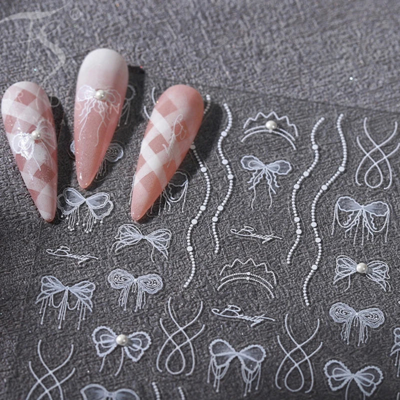 White Pearl Various Bowknot Line Tassel Tender Ribbon Arc Charming Self Adhesive Nail Art Decorations Stickers Manicure Decals (ONLINE ORDER ONLY)