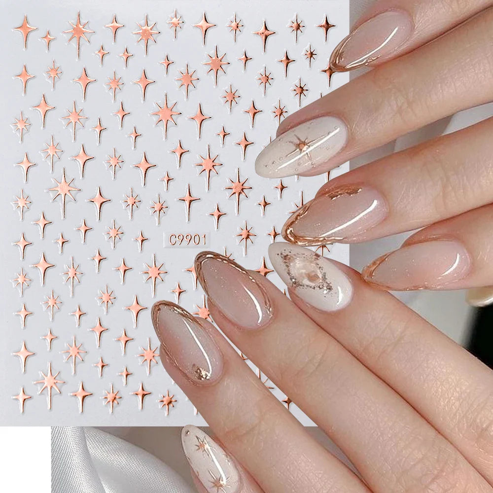 6Pcs 3D Silvery Star Nail Sticker Y2K Nail Design Gold Bronzing Slider Chrome Effect Nail Decoration Nail Design Manicure Tips * (ONLINE ORDER ONLY)