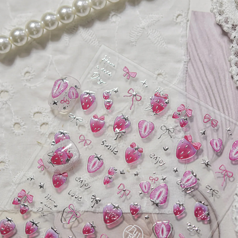 Pink Juicy Strawberry Fruit Cutting Line Ribbon Bowknot Star Happy Sweet Lovely Fruits Delicate Nail Art Stickers Manicure Decal (ONLINE ORDER ONLY)