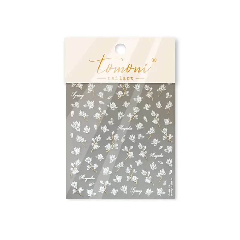 Translucent White White Pink Magnolia Rose Flower Floral Soft Embossed Relief Adhesive Nail Art Stickers Chic 3D Manicure Decals (ONLINE ORDER ONLY)