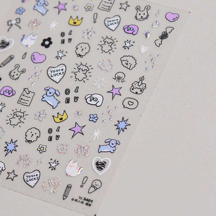 Line Cat Dog Bear Rabbit Chicken Animals Apple Cherry Cake Bowknot Butterfly Balloon Rainbow Nail Art Stickers Manicure Decals (ONLINE ORDER ONLY)