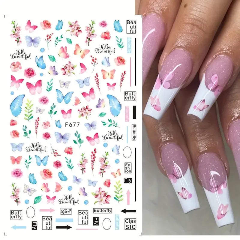 Spring Butterfly Nail Art Stickers, Self-Adhesive Flower Decals, 6pcs (ONLINE ORDER ONLY)