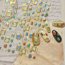 Retro Glass Geometry Glaze Rectangle Round Rose Camellia Adhesive Nail Art Stickers Frame Gemstone Charm Noble Manicure Decals (ONLINE ORDER ONLY)