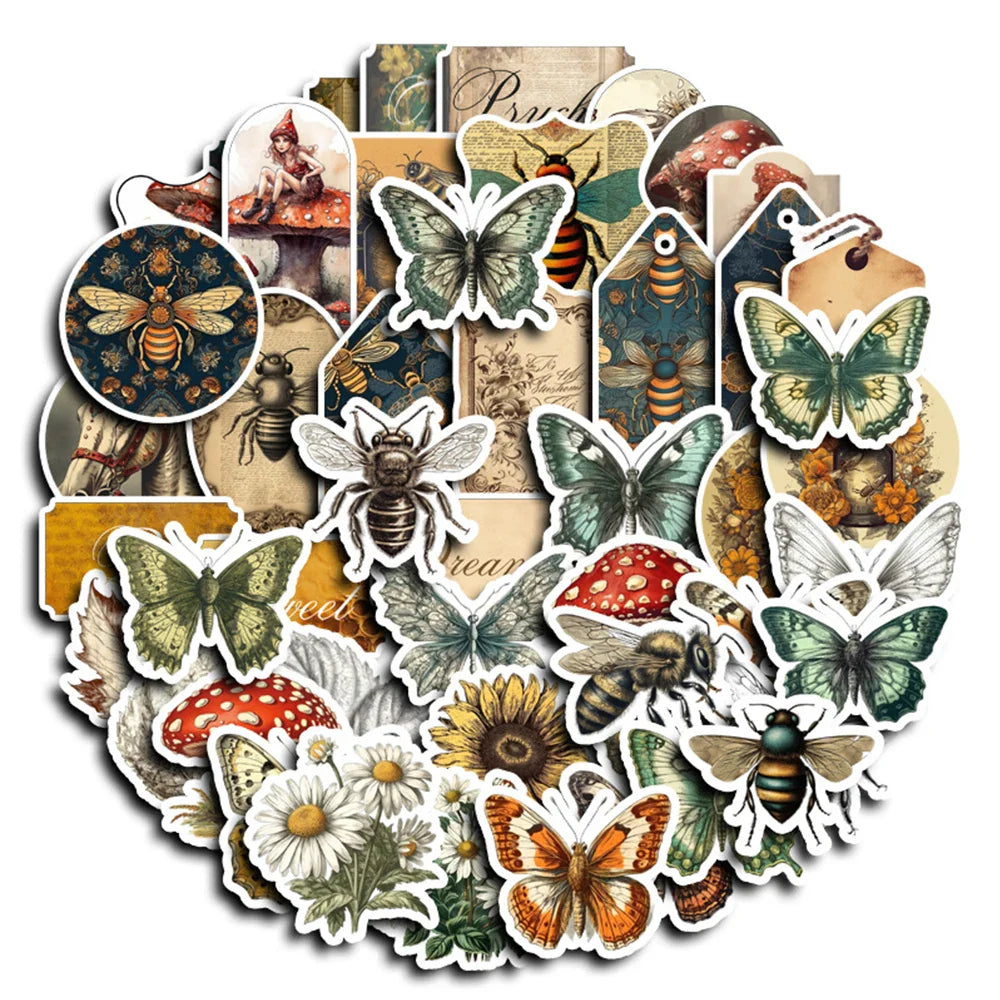 Forest Butterfly Bee Stickers Vintage Aesthetic Decals DIY Laptop Phone Stationery (Online Order Only)