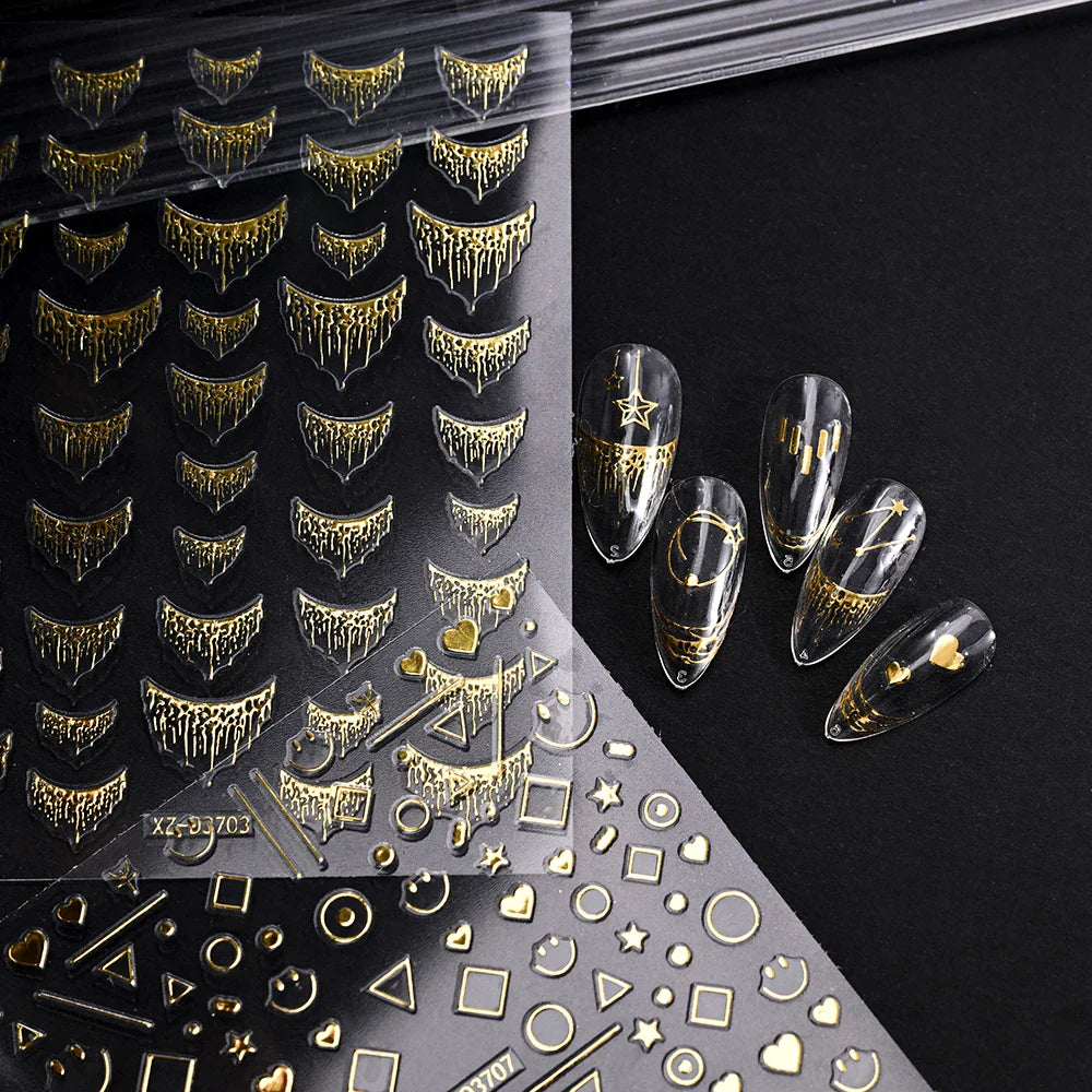 1pc 3D Gradient French Nail Stickers with Crown & Tassel Design Gold Silver Lines Self-Adhesive Nail Art Waterfall Manicure Foil (Online Order Only)