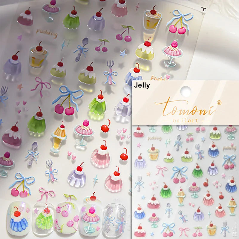 Chic Cute Cheese Ice Cream Pudding Bowknot Strawberry Muffin Stars Cake Embossed Heart Adhesive Nail Art Sticker Manicure Decals (ONLINE ORDER ONLY)