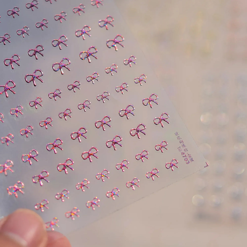 Shiny Pink Silver Gold Bowknot Tie Line Mini Delicate 3D 5D Self Adhesive Nail Art Stickers Embossment Rhinestone Manicure Decal (Online Order Only)