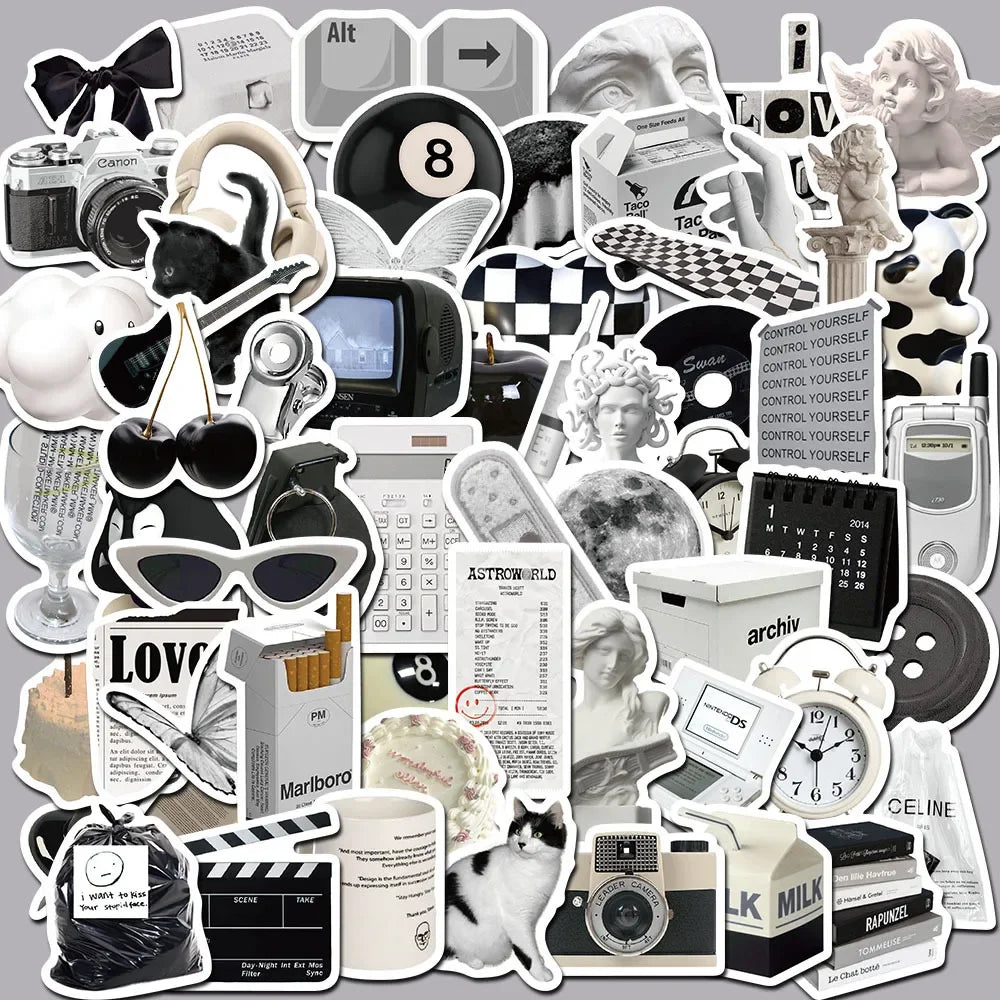 Aesthetic Black Graffiti Stickers: 10/30/60pcs for Suitcase, Water Bottle, Notebook, Motorcycle, Car, Laptop, Phone (Online Order Only)