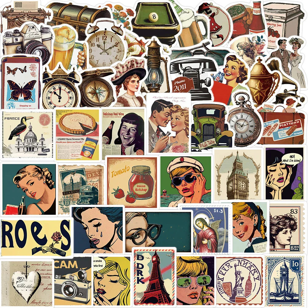 Vintage Cartoon Stickers Retro Decals Laptop Phone Scrapbook Suitcase Kids Toy (Online Order Only)