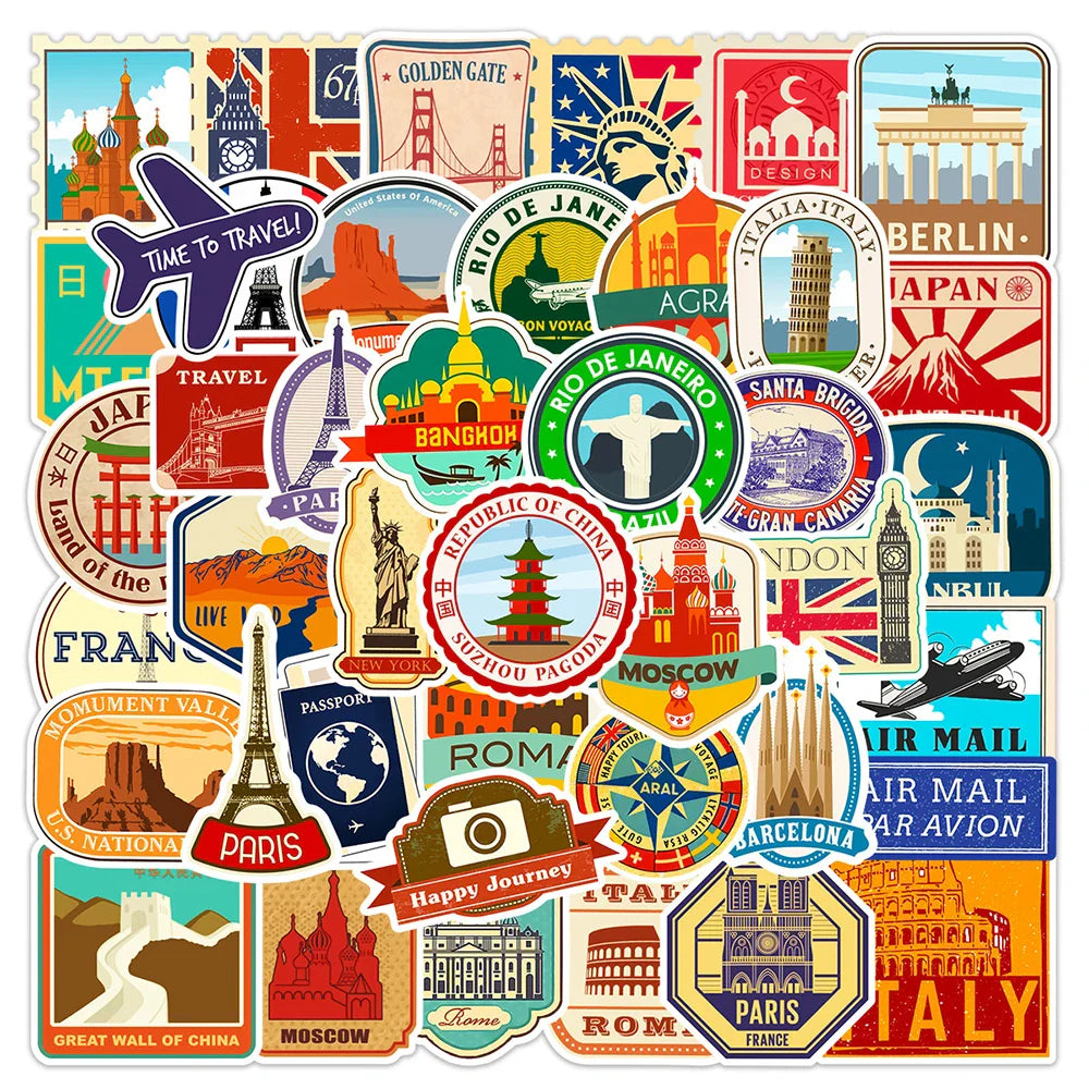 10/30/50pcs Retro Travel Landmark Building Stickers Vintage Decal Skateboard Luggage Laptop Phone Car Waterproof Sticker Kid Toy (ONLINE ORDER ONLY)