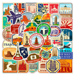 10/30/50pcs Retro Travel Landmark Building Stickers Vintage Decal Skateboard Luggage Laptop Phone Car Waterproof Sticker Kid Toy (ONLINE ORDER ONLY)