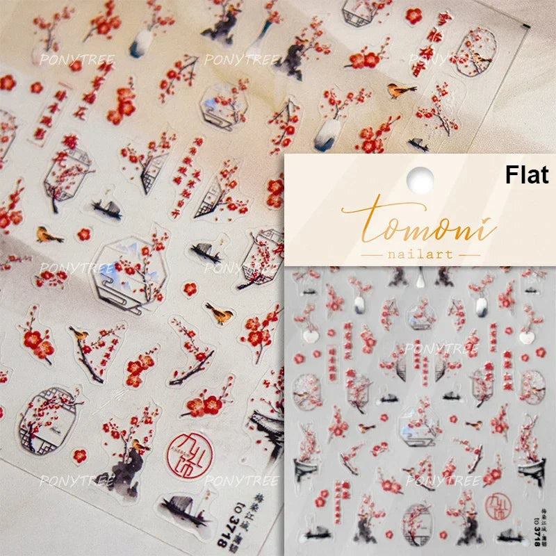 Retro Blue Lotus Flower Arrangement Vase Lantern Totem Pattern Bamboo Leaf Self Adhesive Nail Art Stickers Shiny Manicure Decals (ONLINE ORDER ONLY)