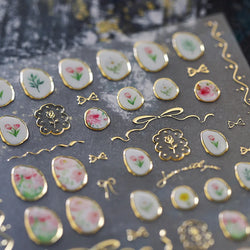 Hot Stamping Jelly All Tulips Garden Flower Bowknot Wave Lace Line Golden and Radiant Adhesive Nail Art Stickers Manicure Decals (ONLINE ORDER ONLY)