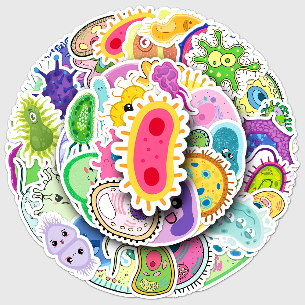 50Pcs Cute Microbial Cartoon Waterproof Vinyl Stickers for Skateboard Snowboard Decal (Online Order Only)