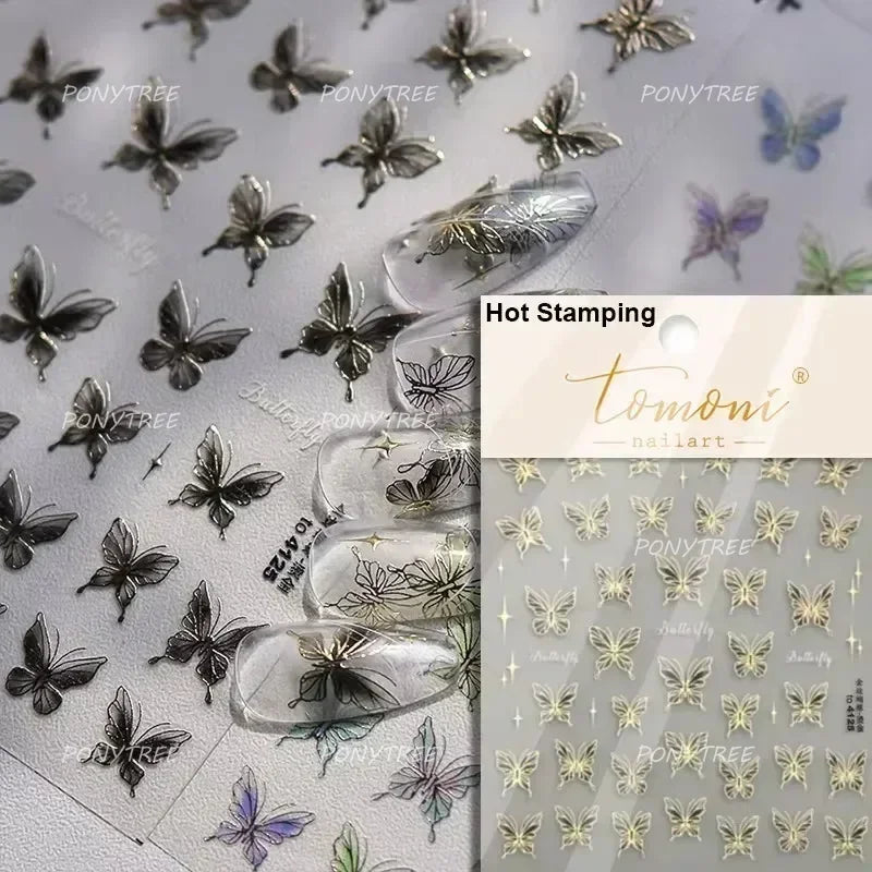 Charming Delicate Sapphire Color Blue Black Stroke Butterfly Jelly Relief Rhinestone Adhesive Nail Art Stickers Manicure Decals (Online Order Only)