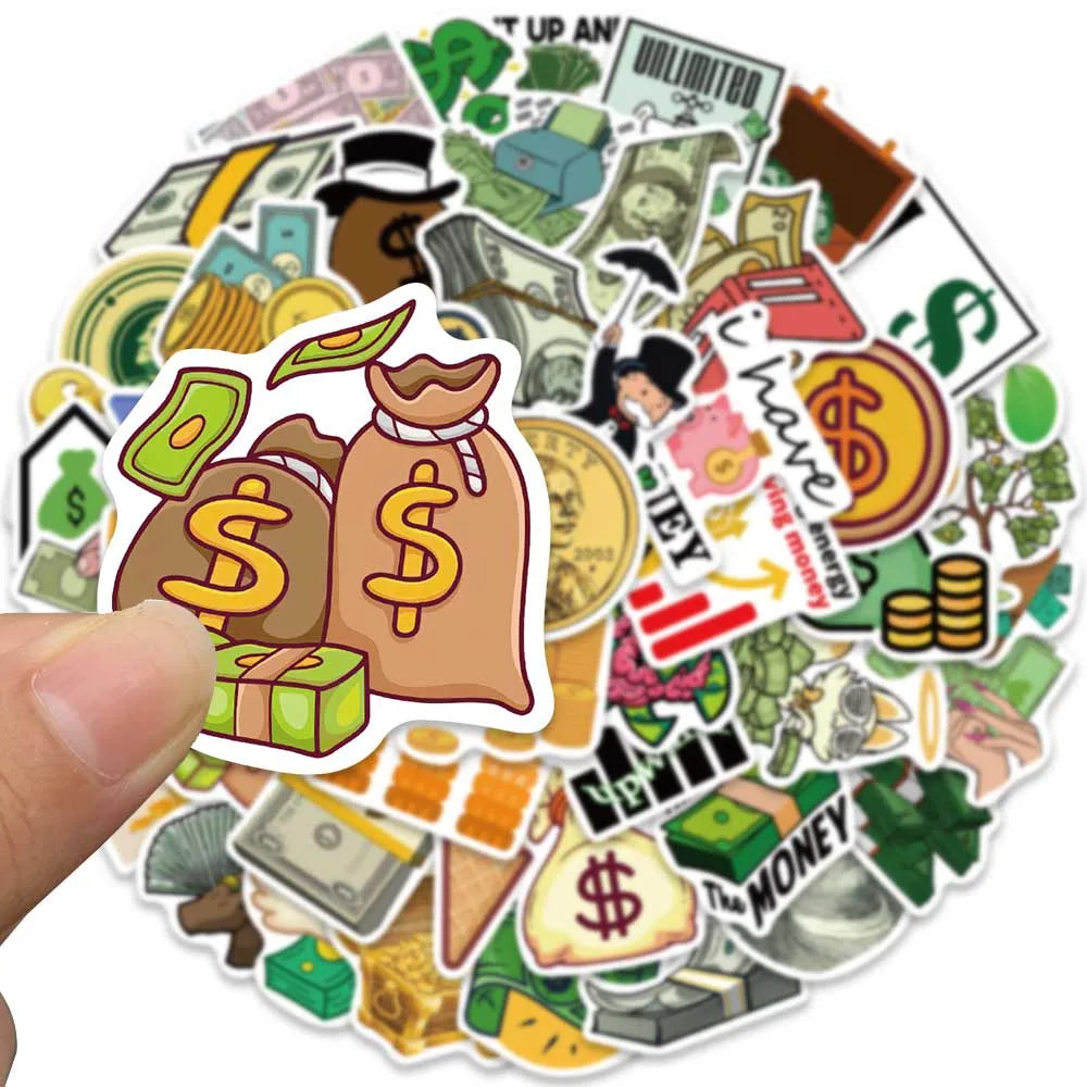 50pcs Funny Cartoon Money Symbol Stickers Water Bottle Sticker Luggage Laptop Guitar Skateboard Waterproof Vinyl Decals (Online Order Only)