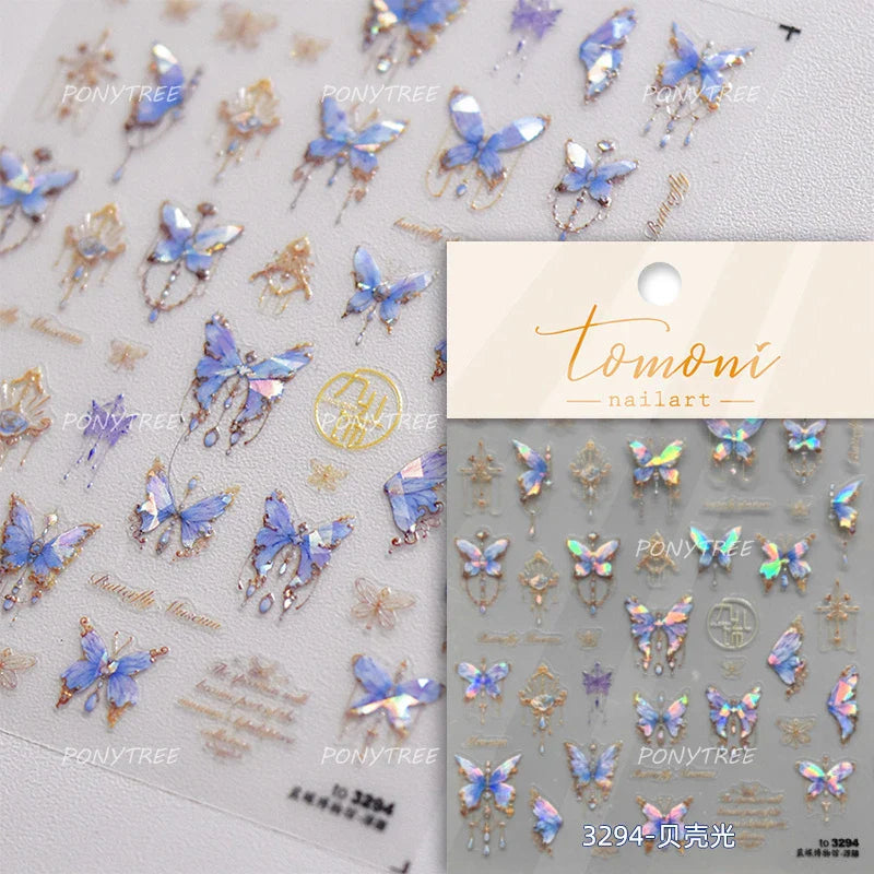 Chic Butterfly Flower Lily Lilium Narcissus Line Beautiful Blue Pearl Self Adhesive Nail Art Stickers Decorations Manicure Decal (Online Order Only)
