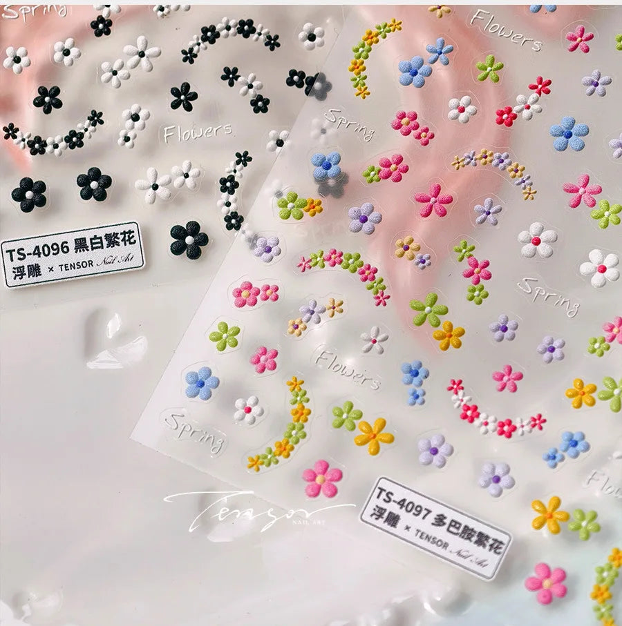 Mini Colourful Flower Black Yellow Petal Wreath 5D Chic Embossed Reliefs Delicate Self Adhesive Nail Art Stickers Manicure Decal (Online Order Only)