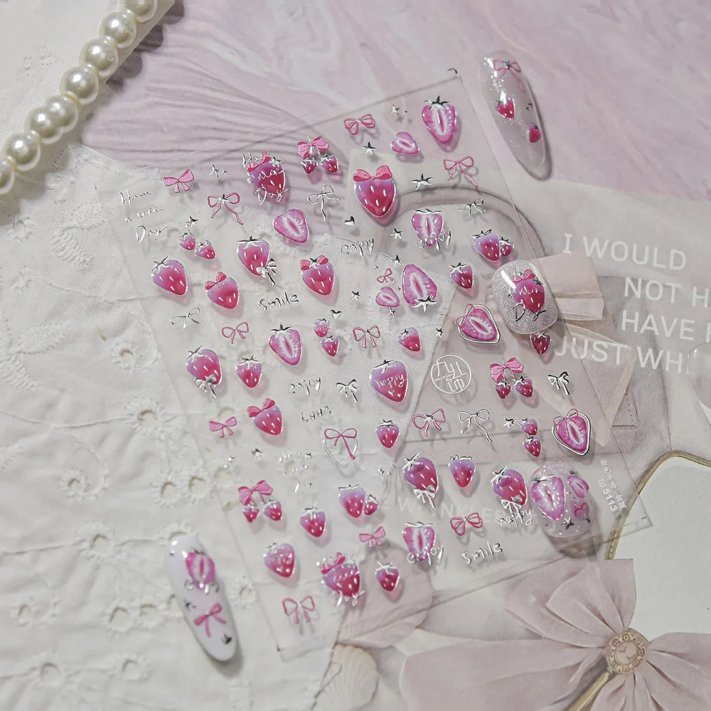 Cute Pink Tempting Strawberries Attractive Fruit Cutting Line Bowknot Star Silver Stamping Chic Nail Art Stickers Manicure Decal (ONLINE ORDER ONLY)