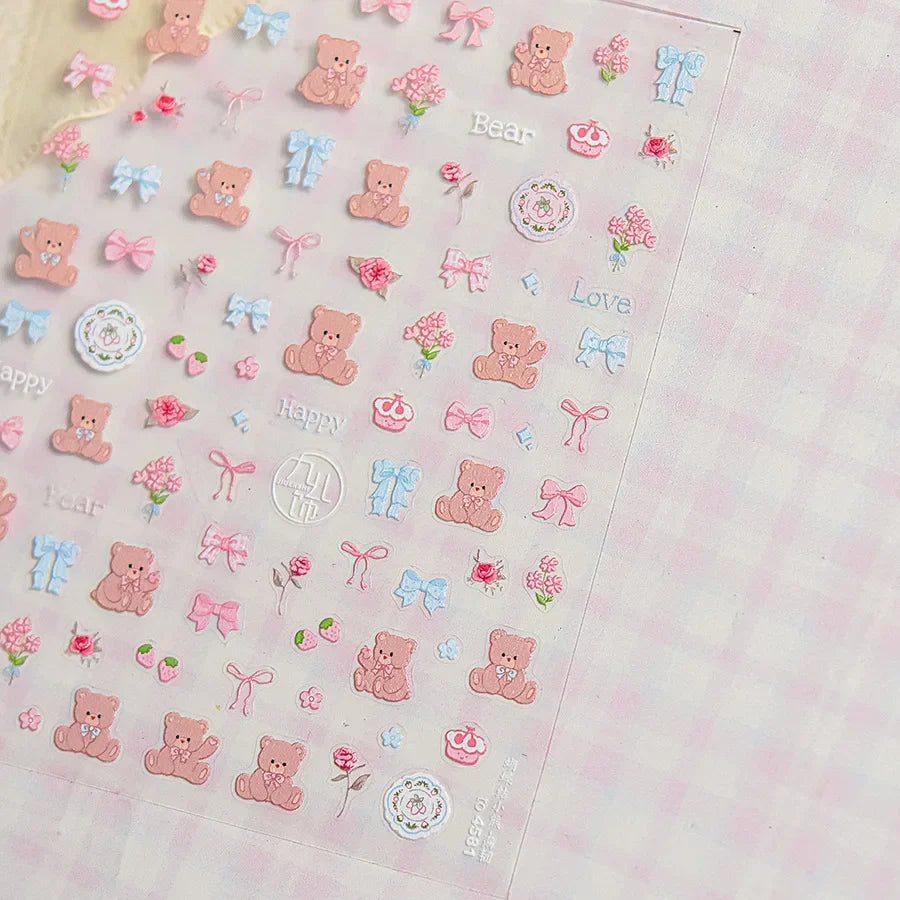 Charming Cherry's Cake Cute Bowknot Pink Blue Bear Flower Bouquet Strawberry Adhesive Nail Art Sticker Rhinestone Manicure Decal (Online Order Only)