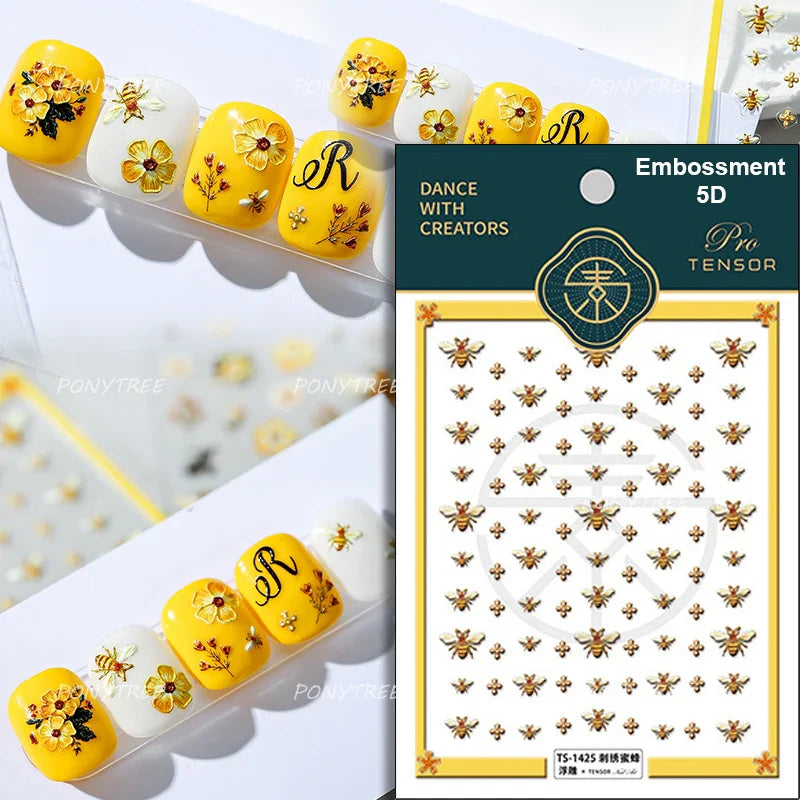 Cute Bee Honey Jar Daisy Flowers Gather Honey Pot Love Heart Green Leaves Reliefs Self Adhesive Nail Art Stickers Manicure Decal (ONLINE ORDER ONLY)