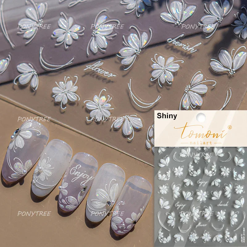 White Flower Colourful Butterfly Pearl Petal Beautiful Garden Charming Plant 5D Self Adhesive Nail Art Stickers Manicure Decals (ONLINE ORDER ONLY)