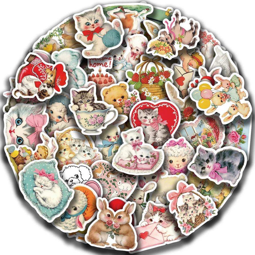 50Pcs Vintage Animals Clipart Animal Cartoon Stickers DIY Scrapbooking Guitar Snowboard Motorcycle Luggage Toy Sticker (ONLINE ORDER ONLY)