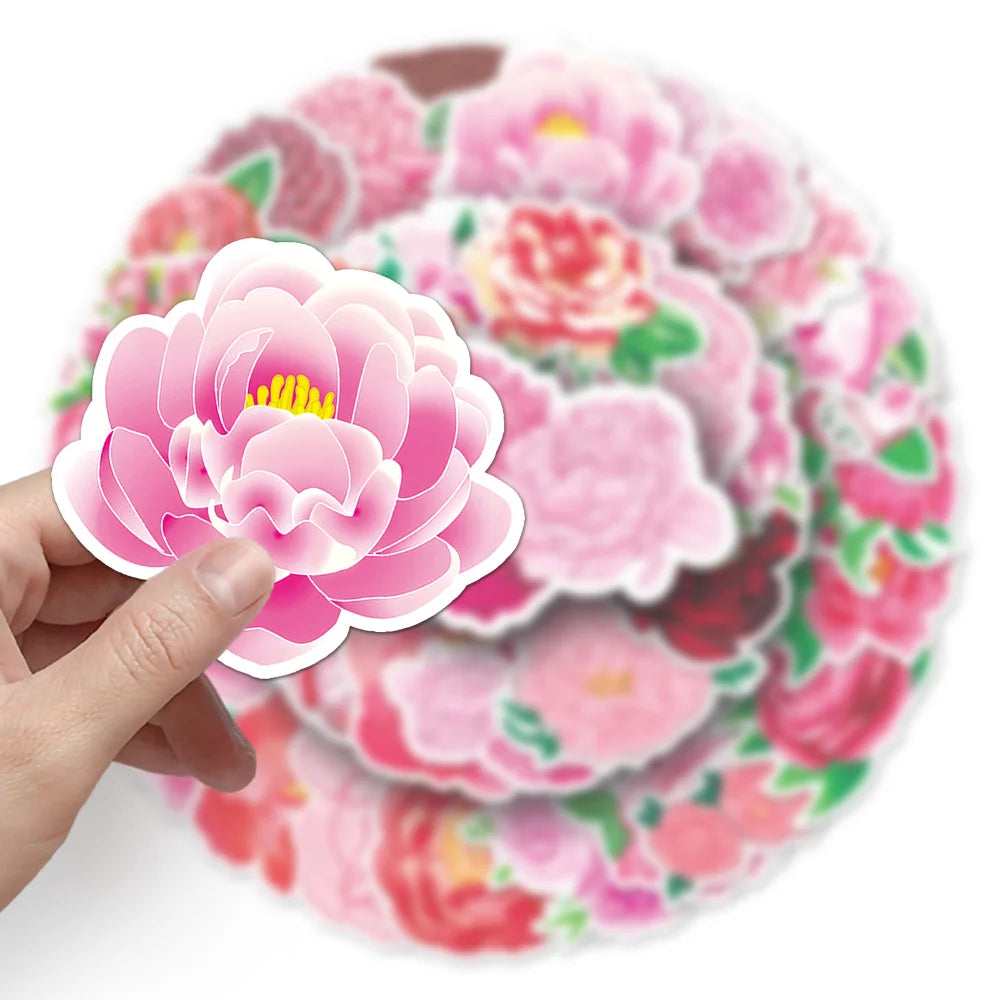 10/50Pcs Peony Stickers Cartoon Stickers Graffiti Decals Waterproof Motorcycle Luggage Guitar Skateboard Kid Gift Sticker (Online Order Only)