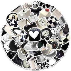 50pcs Vinyl Laptop Decals Ins Style Black and White Aesthetic Stickers For Luggage Guitar Skateboard Waterproof Graffiti (ONLINE ORDER ONLY)