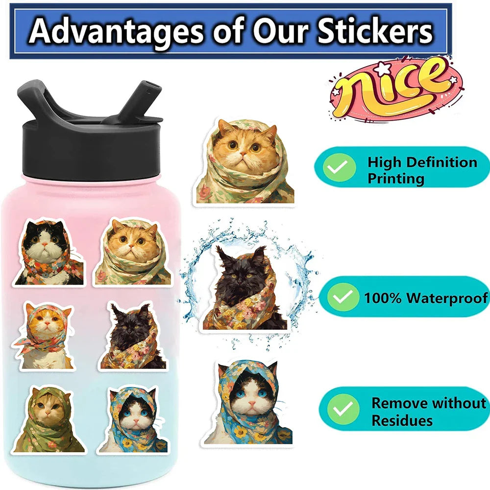 50pcs Kawaii Animals Cat Meme Sticker Sticky Aesthetic Decorative Scrapbook Cute Sticker DIY Phone Stationery School Supplies (Online Order Only)