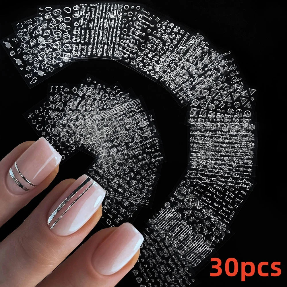 30Pcs/Set Red Golden 3D Nail Art Sticker Hot Stamping Hollow Decals Mixed Designs Adhesive Flower Nail Tips Letter Butterfly Set (Online Order Only)