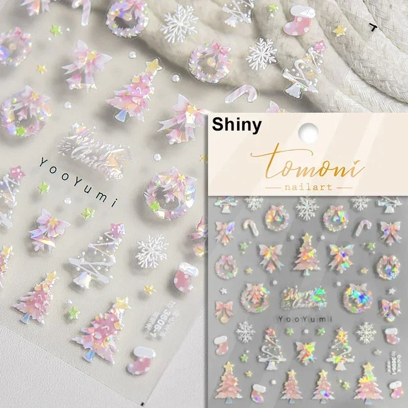 Dressy Embossment Colorful Gradient Snowflakes Laser Silver Christmas Tree Winter Bowknot Santa Nail Art Stickers Manicure Decal (Online Order Only)