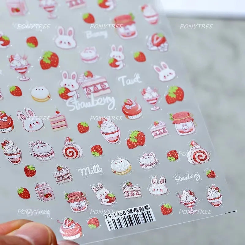 Cute Rabbit Fan Peach Blossom Teacup Lollipop Strawberry Star Cherry Hat Soft Embossed Adhesive Nail Art Stickers Manicure Decal (ONLINE ORDER ONLY)