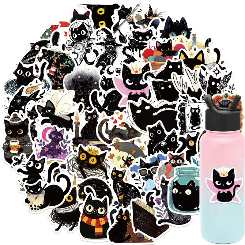 10/30/50PCS Cartoon Black Star Cat PVC Sticky Sticker Aesthetic DIY Stationery Decoration Scrapbooking School Supplies for Kids (ONLINE ORDER ONLY)