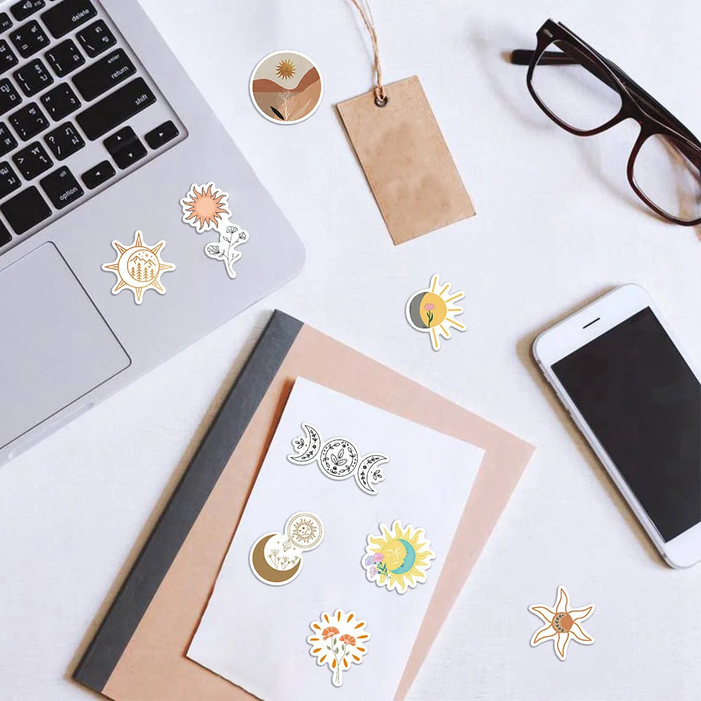 10/30/50PCS Sun Moon Bohemian  Aesthetic Stickers For Kids PVC Waterproof Skateboard Laptop Fridge Suitcase Bike Car Decals Gift (ONLINE ORDER ONLY)
