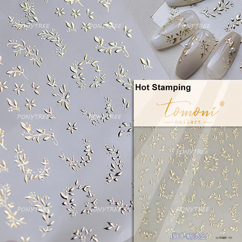 Mini Three Leaf Flower Magnolia Lotus Flower Stem Gradual Petal Line Arc Metal Sillver Delicate Nail Art Stickers Manicure Decal (Online Order Only)