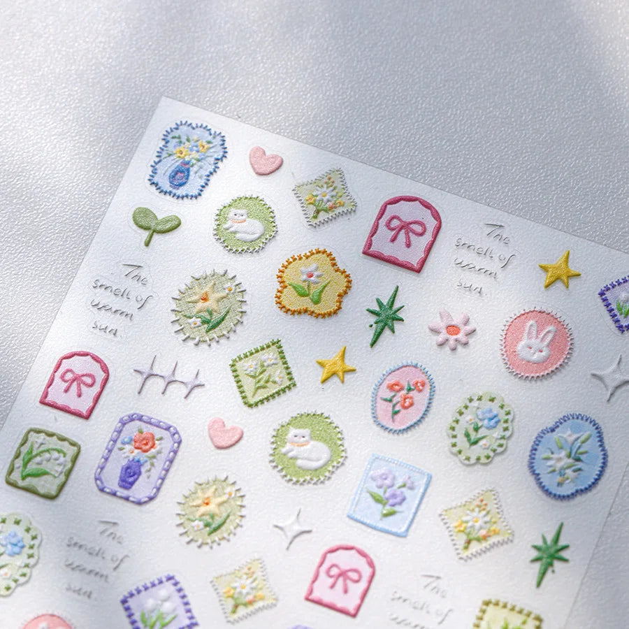 Cat Kitten Rabbit Flower Bouquet Bowknot Vase Bunny Grid Star Blocks Round Warm Sun Decoration Nail Art Stickers Manicure Decals (ONLINE ORDER ONLY)