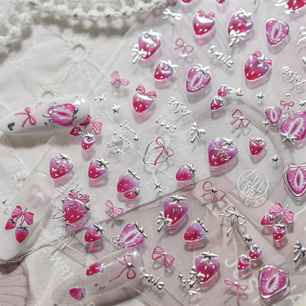 Pink Juicy Strawberry Fruit Cutting Line Ribbon Bowknot Star Happy Sweet Lovely Fruits Delicate Nail Art Stickers Manicure Decal (ONLINE ORDER ONLY)