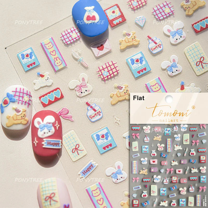 Sweet Dessert Cute Bear Cake Apple Flower Strawberry Jam Lace Line Bear Footprints Adhesive Nail Art Stickers Manicure Decals (ONLINE ORDER ONLY)