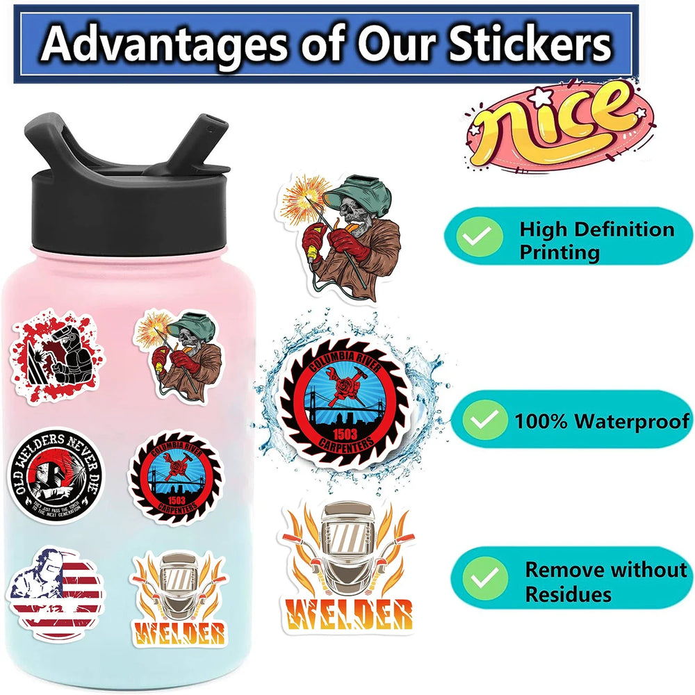 50PCS Mixed Welding Welder Graffiti Stickers For DIY Luggage Skateboard Waterproof DIY Cool Cartoon Decal Sticker Toys Gift (ONLINE ORDER ONLY)