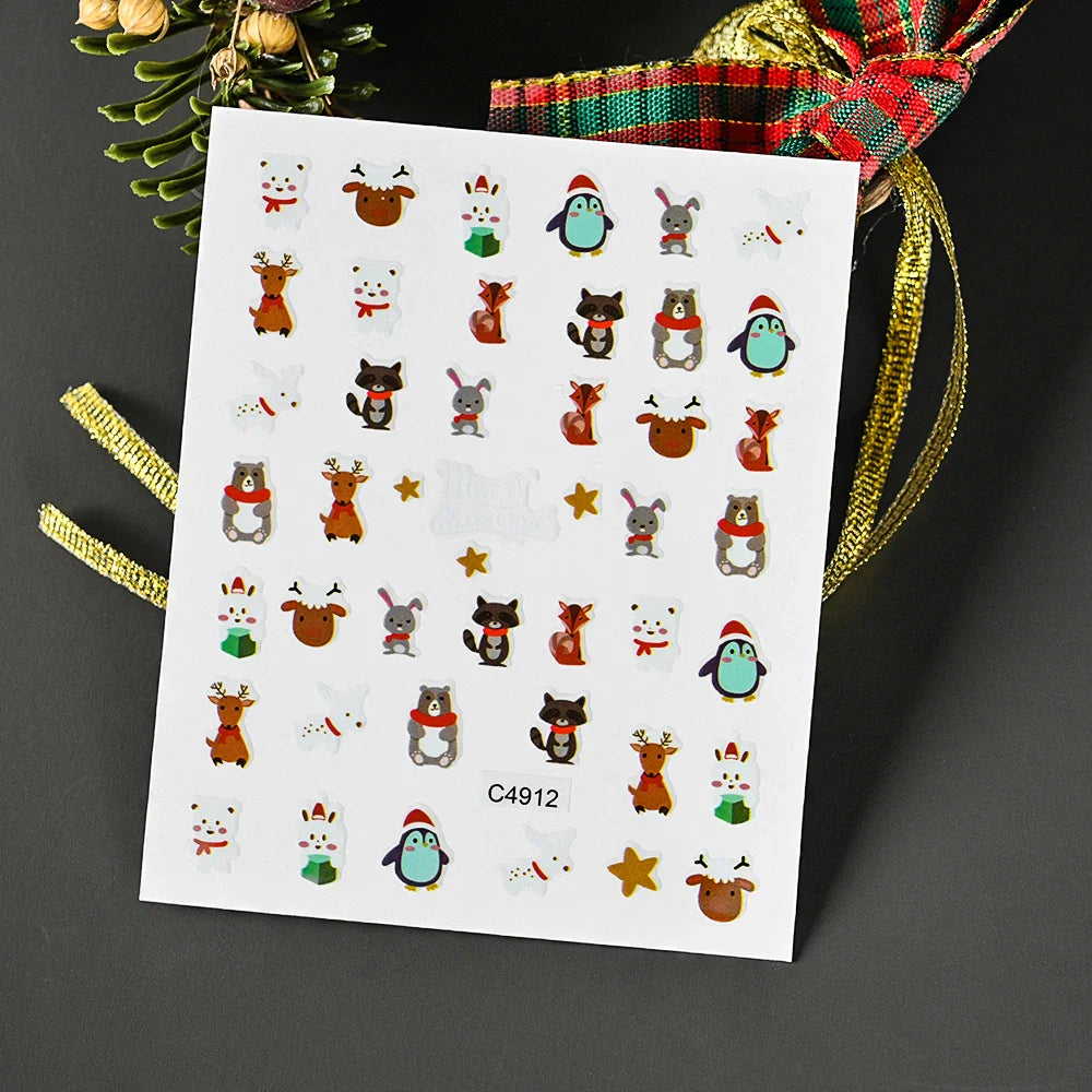 Christmas Greenery Nail Stickers Xmas Holly Animal Penguin Candy Winter Sliders Decor 2024 Holiday Decals Manicure Tips Foils *& (ONLINE ORDER ONLY)