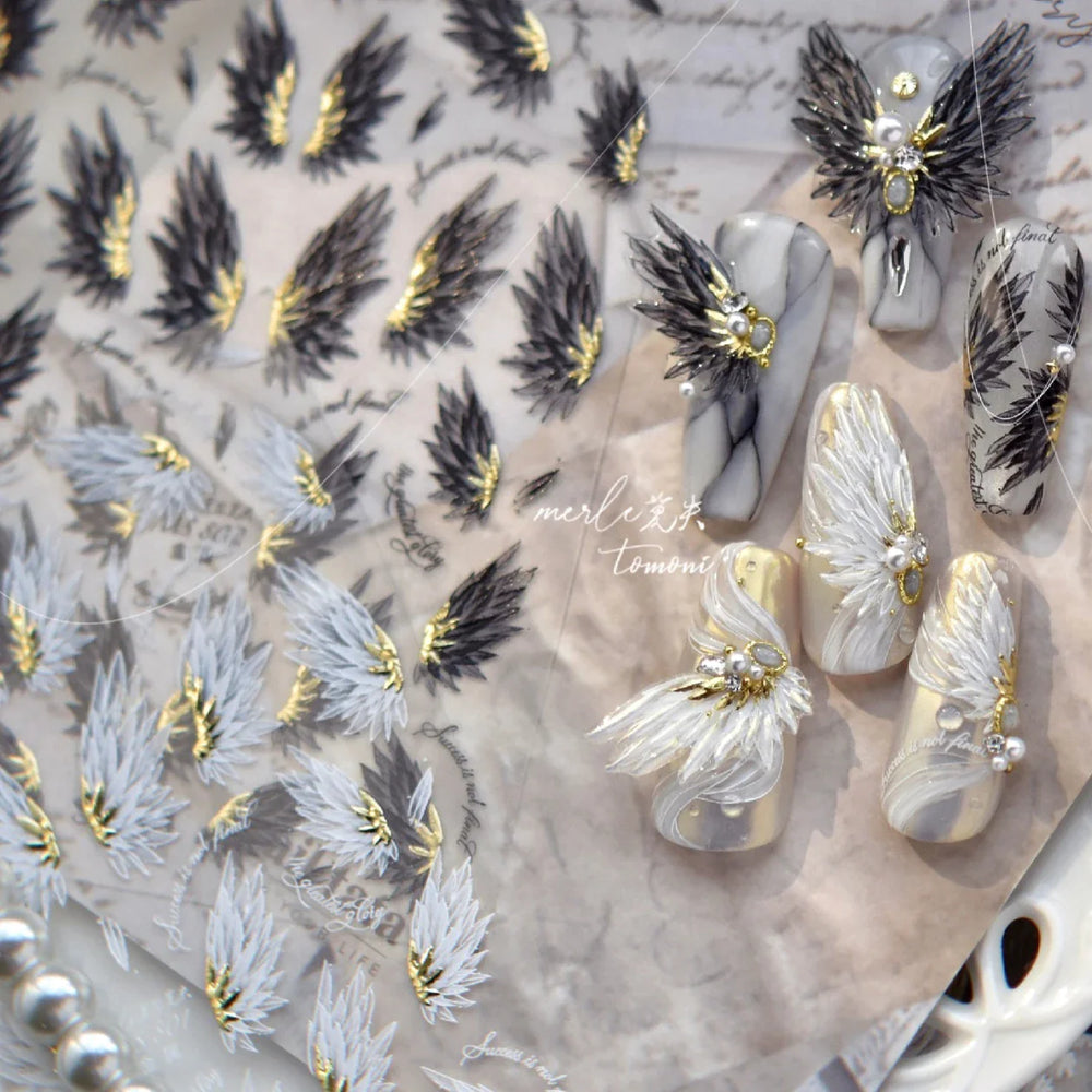 White Black Wings Feather Angel Demon Devil Dreamy Hot Stamping English Letter Adhesive Nail Art Stickers Manicure Tool Decals (Online Order Only)
