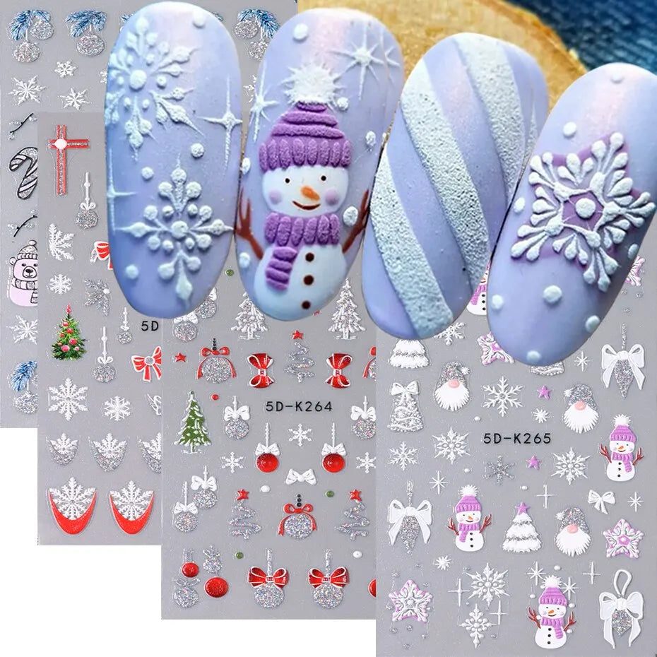 4pcs 5D Cute Christmas Snowman Nails Decals Winter Snowflake Santa Claus Snow Nail Stickers Slider Decoration Embossed Manicure (Online Order Only)