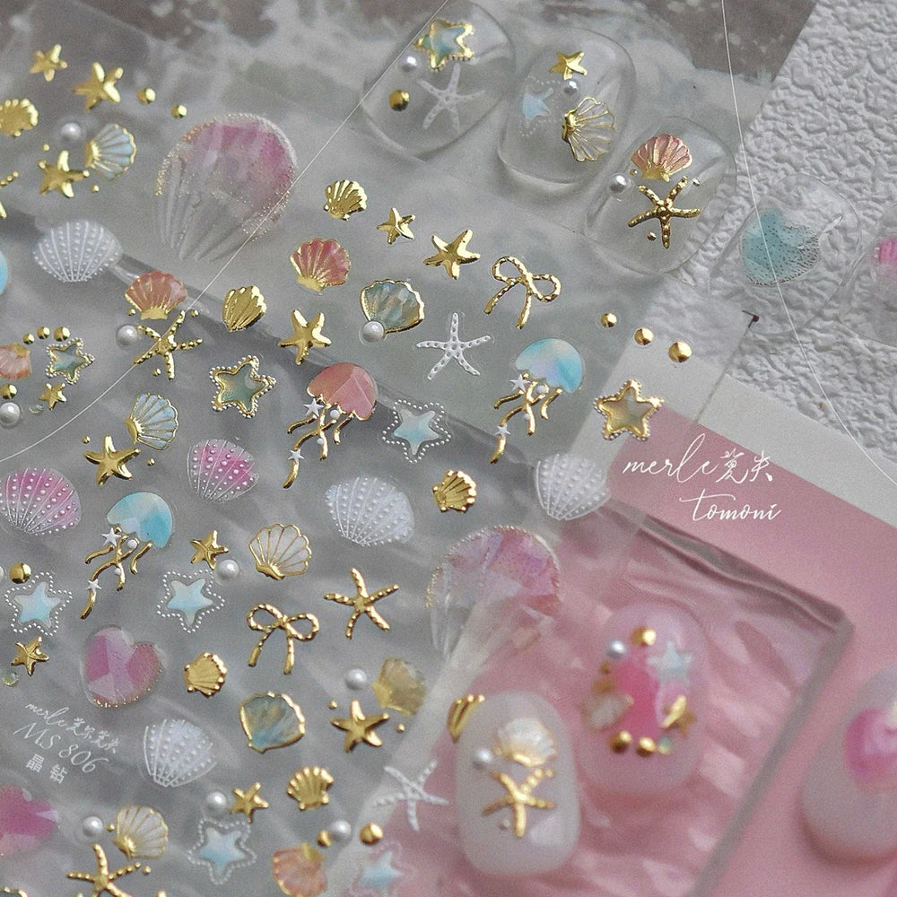 Halo Dyeing Ocean Shell Conch Starfish Pearl Love Heart Bowknot Jellyfish Adhesive Nail Art Stickers Manicure Decals Wholesale (ONLINE ORDER ONLY)