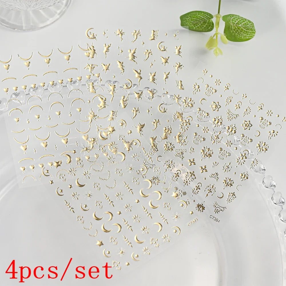 4pcs/Set Elf/Fairy Jelly Gold Nail Art Sticker Sun/Moon/Star Geometric Embossed Reliefs Self Adhesive Nail Decal Manicure Design (Online Order Only)