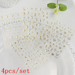 4pcs/Set Elf/Fairy Jelly Gold Nail Art Sticker Sun/Moon/Star Geometric Embossed Reliefs Self Adhesive Nail Decal Manicure Design (Online Order Only)
